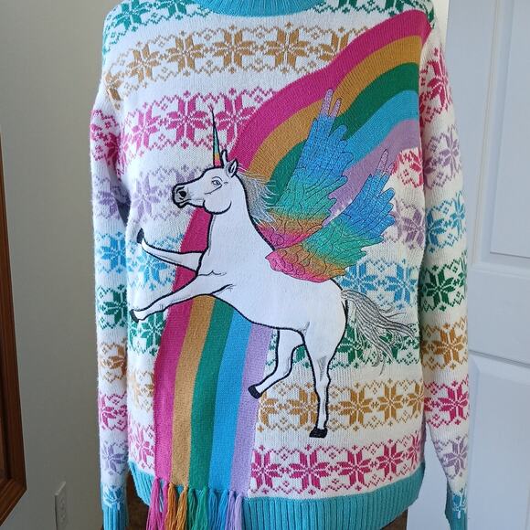 33Degrees Rainbow Unicorn Sweater L fair isle snowflakes soft white tassels ugly - Picture 15 of 15